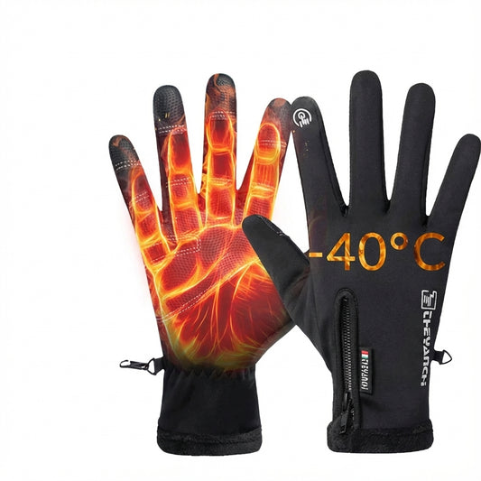 Black heated gloves with fiery design on palm, featuring brand logo and temperature indicator, on white background.